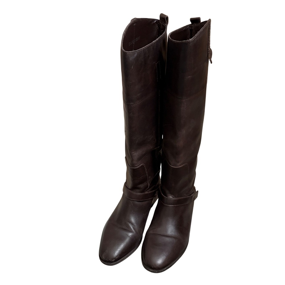 Brown Knee-High Leather Riding Boots Side Strap Gold Buckle Accent Women's Sz 9